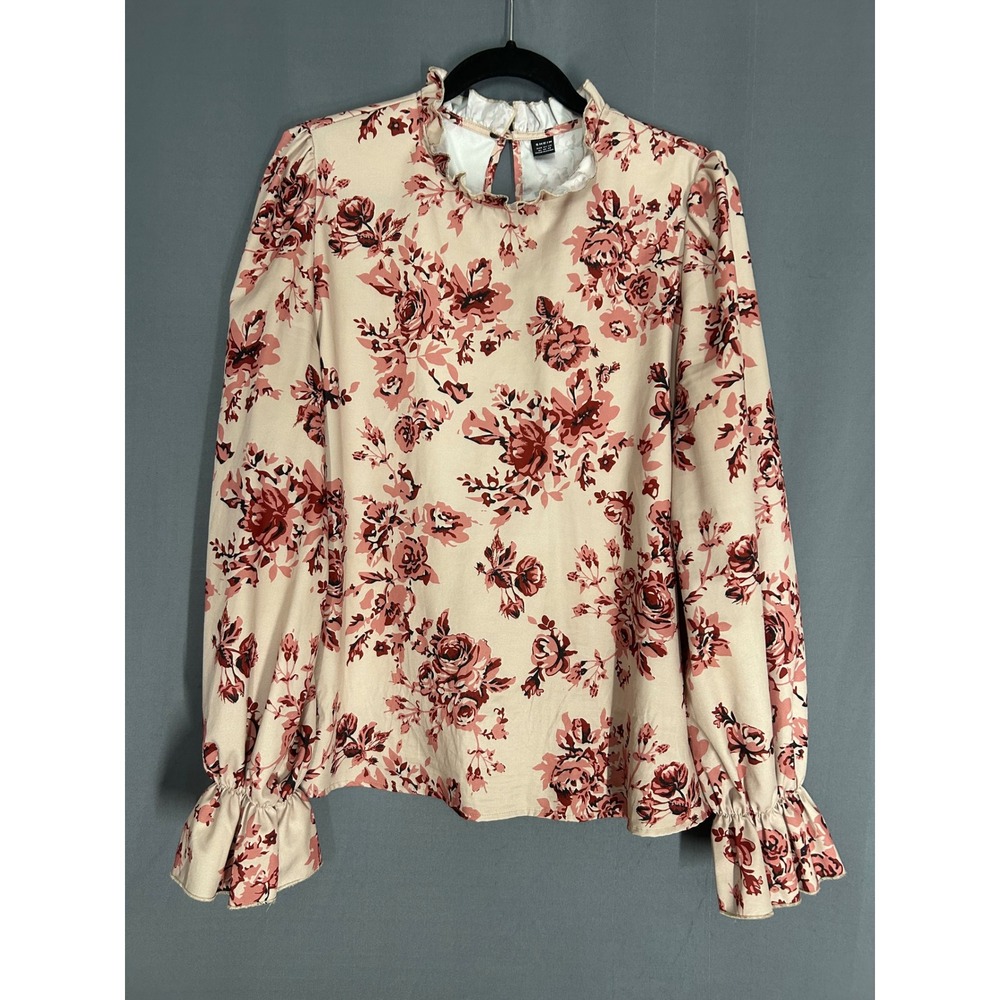 Whimsy Floral Ruffle Neck Blouse XL Cream Pink Rose Print Long Fluted Sleeve Top